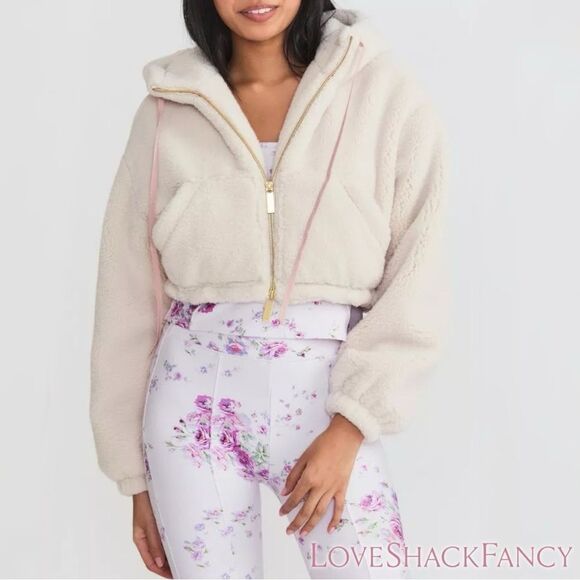 LoveShackFancy **NWOT** Darcelle Sherpa Bomber Cropped Jacket Cream De Macaron - Picture 5 of 12